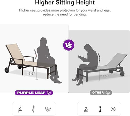 PURPLE LEAF Outdoor Chaise Lounge Chair Set of 2, Pool Lounge Chairs for Outside, Aluminum Patio Chaise Loungers with Adjustable Backrest and Wheels for Deck, Lawn, Garden, Cream