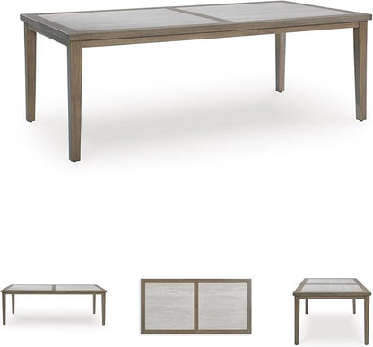 Signature Design by Ashley Rainier Ranch Contemporary Sintered Stone Tabletop Outdoor Dining Table with 4 Legs, Light Brown & Beige