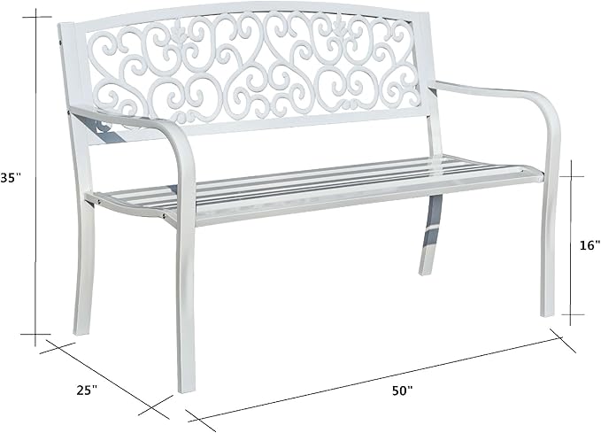 Hi-Line Gift Ltd. Harmony in White- Steel and Cast Iron Garden Bench for Outdoor Serenity