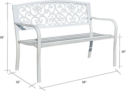 Hi-Line Gift Ltd. Harmony in White- Steel and Cast Iron Garden Bench for Outdoor Serenity