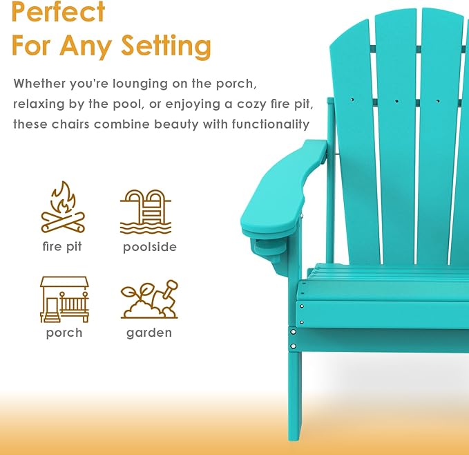 IVY&LANE Folding-Adirondack-Chairs-Set-of-4 | HDPE Plastic | Outdoor Fire Pit Chair with Cup Holder | Aqua | Poly | Weather Resistant | for Patio Deck Poolside Garden Beach