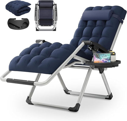 MoNiBloom Stable Folding Chair Outdoor Lounge Chair Beach Pool Lawn Recliner Sunbathing Chair, with Detachable Soft Cushion, Pillow and Side Tray, 330lbs Capacity Blue
