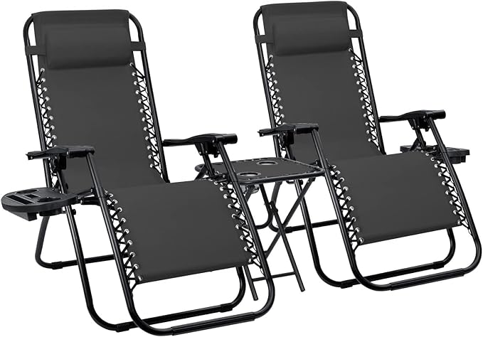 Devoko Patio Zero Gravity Chair Outdoor Folding Recliner Chairs with Table Pool Side Using Lawn Chair Sets with Pillow (Black)