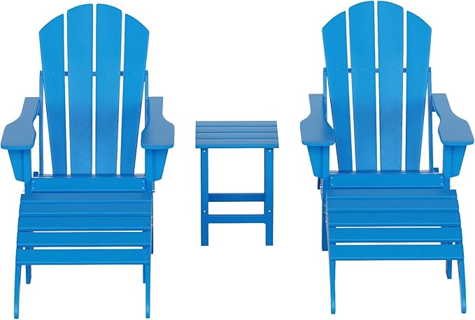 WestinTrends Malibu Outdoor Lounge Chairs Set, 5-Pieces Adirondack Chair Set of 2 with Ottoman and Side Table, All Weather Poly Lumber Patio Lawn Folding Chair for Outside, Pacific Blue