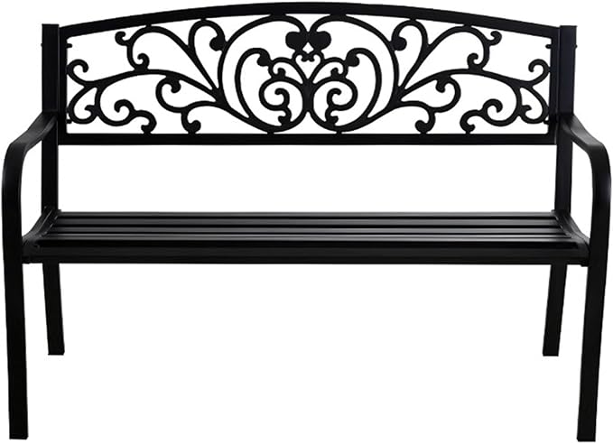 Outdoor Metal Garden Bench, 2 Seater Steel Patio Furniture Seat w/Backrest and Armrests for Backyard, Park, Front Porch