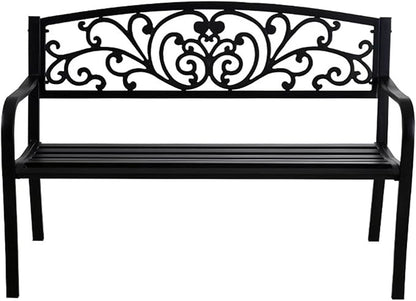 Outdoor Metal Garden Bench, 2 Seater Steel Patio Furniture Seat w/Backrest and Armrests for Backyard, Park, Front Porch