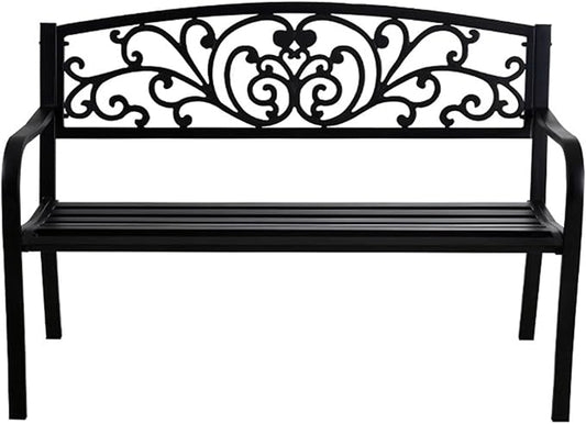 Outdoor Metal Garden Bench, 2 Seater Steel Patio Furniture Seat w/Backrest and Armrests for Backyard, Park, Front Porch