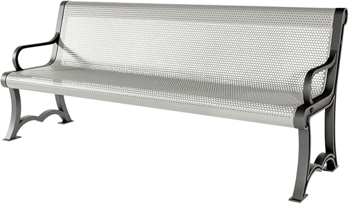 COATEDOUTDOORFURNITURE Coated Outdoor Furniture Heavy-Duty Outdoor Bench Thermoplastic Coated, Punched Steel, Commercial-Grade Garden Bench, Made in America (Portable with Back, 6 Ft, Gray)