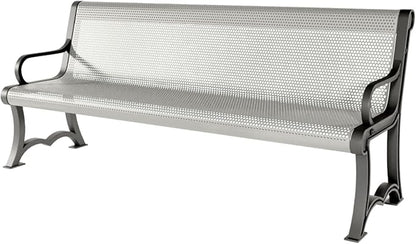 COATEDOUTDOORFURNITURE Heavy-Duty Outdoor Bench Thermoplastic Coated, Punched Steel, Commercial-Grade Garden Bench, Made in America (Portable with Back, 6 Ft, Textured Grey)