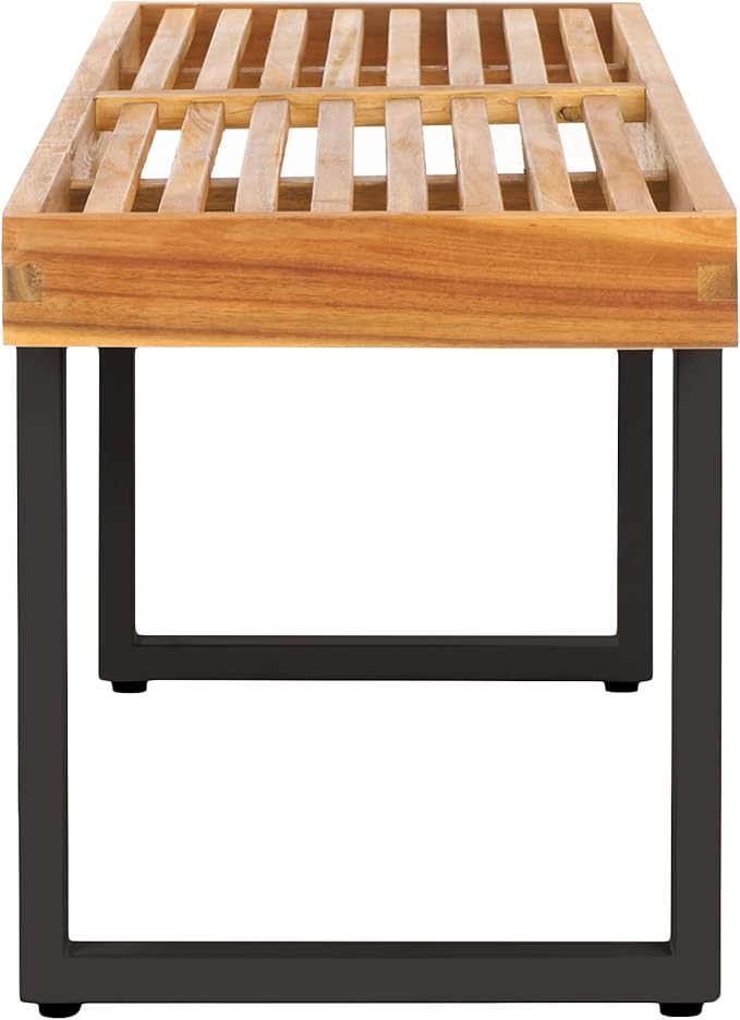 SAFAVIEH Outdoor Collection Monti Natural/Black Iron Legs Solid Wood Slatted Bench