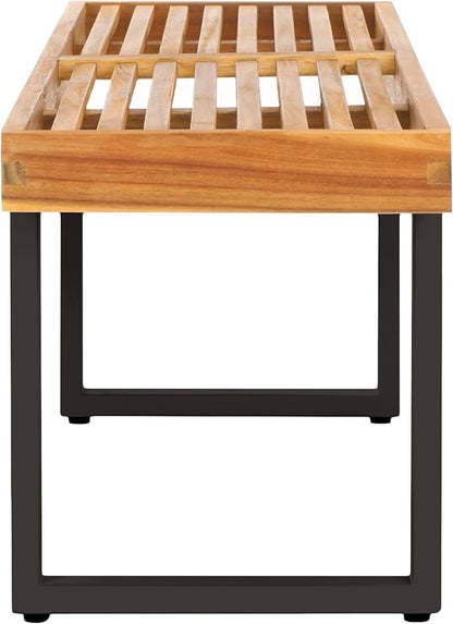 SAFAVIEH Outdoor Collection Monti Natural/Black Iron Legs Solid Wood Slatted Bench