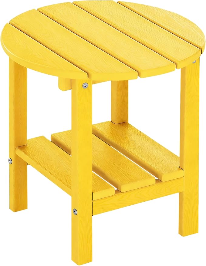 Outdoor Side Table Round - Patio Side Tables - HDPE Small Outdoor End Table for Backyard Pool Porch Balcony - Double Layer Storage - Yellow (Wood Grain Finish)