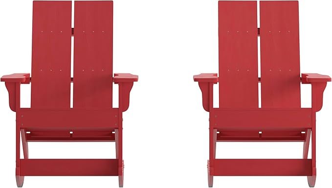 Flash Furniture Finn Modern Commercial Poly Resin Wood Adirondack Rocking Chair - All Weather Red Polystyrene - Dual Slat Back - Stainless Steel Hardware - Set of 2