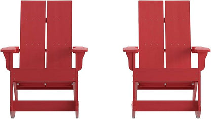 Flash Furniture Finn Modern Commercial Poly Resin Wood Adirondack Rocking Chair - All Weather Red Polystyrene - Dual Slat Back - Stainless Steel Hardware - Set of 2