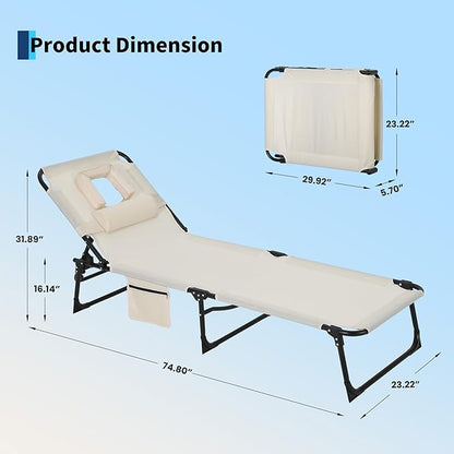 Tanning Chair with Face Hole Folding Beach Lounge Chair,5-Position Adjustable Backrest, Pillow & Side Pocket,Portable Face Down Chaise Lounge for Outdoor Backyard Poolside,Beach, Patio,Beige