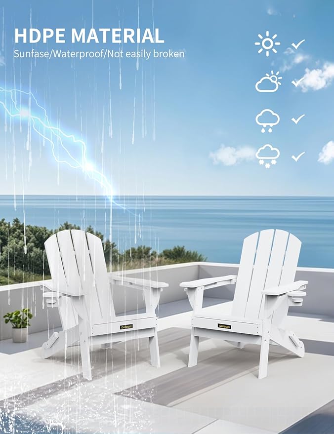 Folding Adirondack Chair Set of 4, Wooden Textured Plastic Adirondack Chairs with 2 Cup Holder, Weather Resistant HDPE Fire Pit Chair, Outdoor Patio Chairs for Garden, Backyard, Lawn, Deck, White
