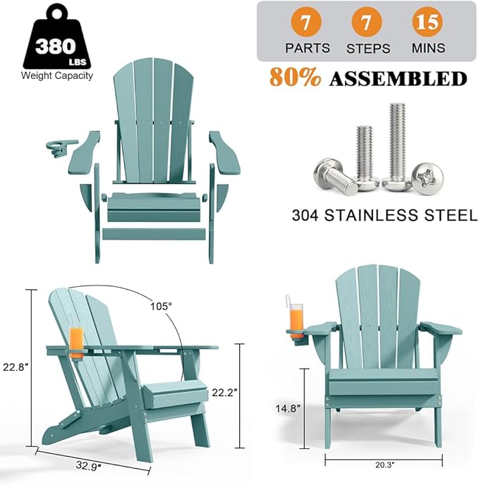 Folding Adirondack Chairs with Cup Holders, Set of 4 HDPE Plastic Outdoor Chairs, Weather Resistant, Real Wood Look, Heavy-Duty Patio Furniture for Deck, Fire Pit, Backyard, Aruba Blue