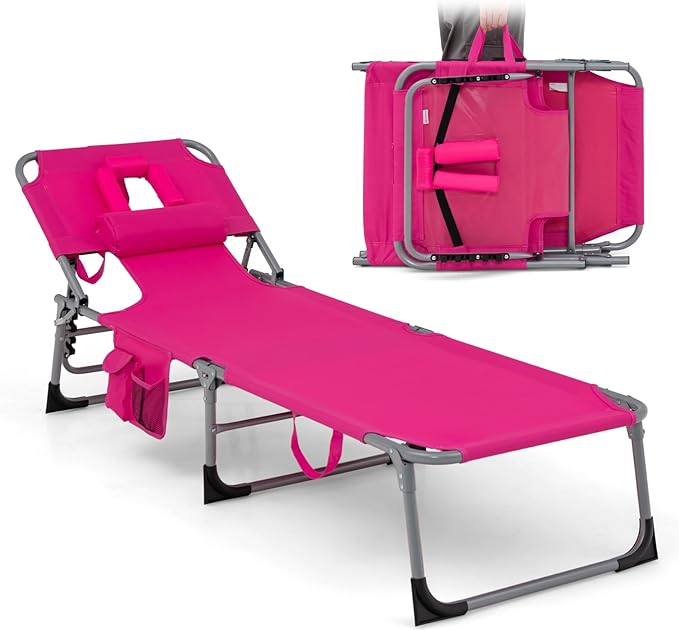 Goplus Tanning Chair, Folding Adjustable Patio Lounge Chair with Face Hole, Removable Pillow, 330LBS, Carry Strap, Outdoor Sunbathing Chair, Lightweight Portable Beach Lounge Chair, No Assembly