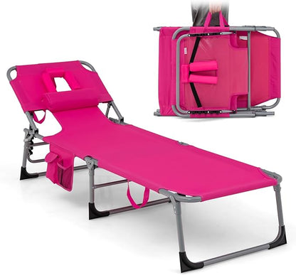 Goplus Tanning Chair, Folding Adjustable Patio Lounge Chair with Face Hole, Removable Pillow, 330LBS, Carry Strap, Outdoor Sunbathing Chair, Lightweight Portable Beach Lounge Chair, No Assembly