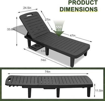 CDCASA Chaise Lounge Outdoor, Multi-Functional Pool Lounge Chairs w/5 Adjustable Positions & Side Tray, Waterproof Resin Lounges for Poolside,Yard,Garden,Sunbathing, for All Weather, Black