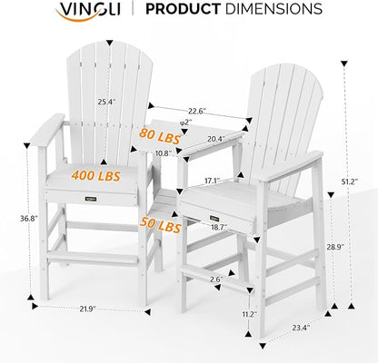 VINGLI Tall Adirondack Chairs Set of 2, All Weather HDPE Bar Height Adirondack Chair with Double Trays, Adirondack Barstools for Balcony, Poolside, Backyard and Patio (White)
