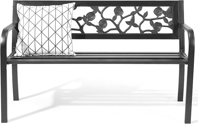 VINGLI Outdoor Metal Bench w/PVC Back - All Weather Resistant Black Garden Patio Bench for Entryway Front Porch Entryway Decor Deck (Black, Rose)