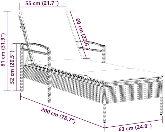 Sun Lounger with Cushion Grey 24.8 x 78.7 x 31.9 Poly Rattan Adjustable Backrest Outdoor Furniture with Removable Washable Cover