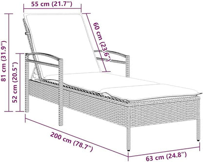 Sun Lounger with Cushion Grey 24.8 x 78.7 x 31.9 Poly Rattan Adjustable Backrest Outdoor Furniture with Removable Washable Cover