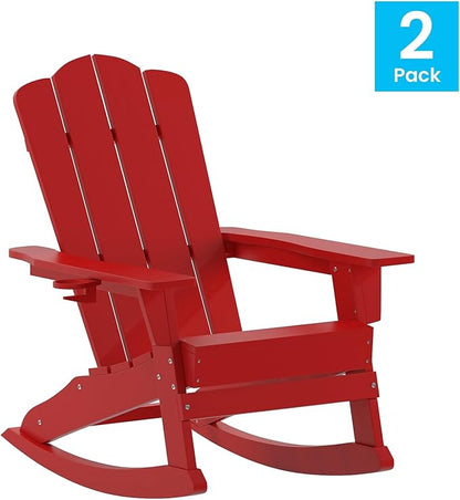 Flash Furniture Newport Adirondack Rocking Chairs with Cup Holder, Weather Resistant Poly Resin Adirondack Rocking Chairs, Set of 2, Red