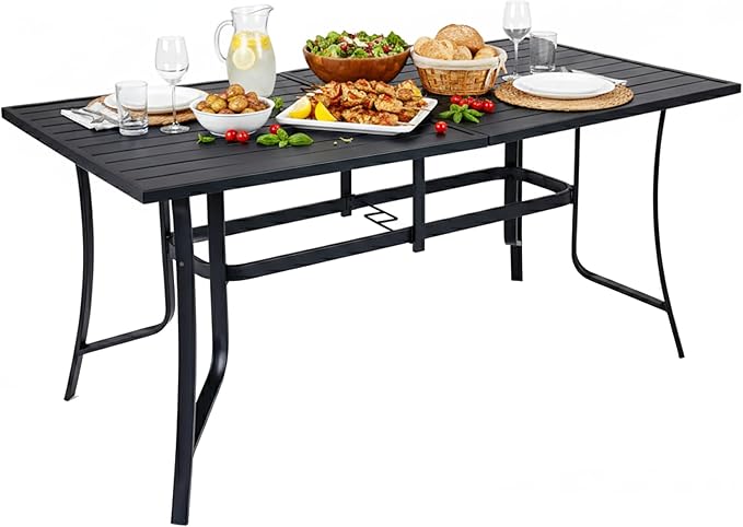 Tangkula 66" x 33" Metal Patio Dining Table for 6, Rectangle Heavy Duty Outdoor Dining Table with Umbrella Hole, 6-Person Outside Dining Furniture for Porch, Garden, Balcony and Backyard