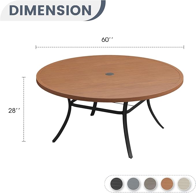 VICLLAX 60" Outdoor Round Patio Dining Table for 8-10, All Weather Metal Dining Table with Umbrella Hole for Deck Lawn Garden Backyard, Walnut