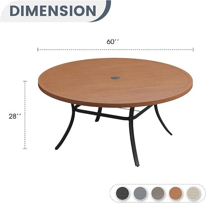 VICLLAX 60" Outdoor Round Patio Dining Table for 8-10, All Weather Metal Dining Table with Umbrella Hole for Deck Lawn Garden Backyard, Walnut