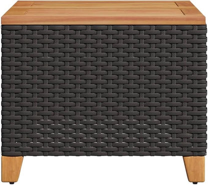 Square Garden Side Table, Compact Patio Coffee Table with Durable Poly Rattan and Acacia Wood Top, Weather-Resistant Outdoor End Table for Balcony, Terrace and Small Spaces, Black and Brown