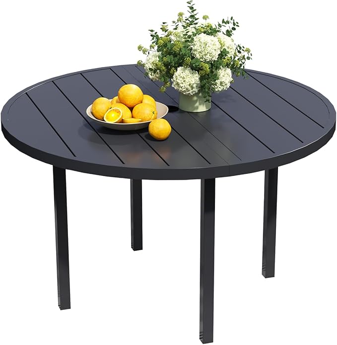 60" Round Outdoor Patio Table for 8, Metal Black Dining Table with Adjustable Umbrella Hole, Garden - Photo 8