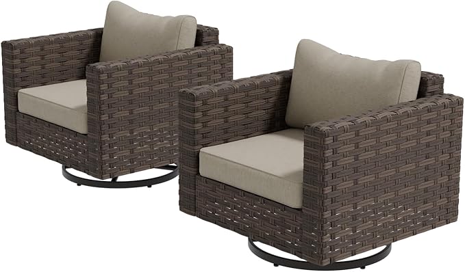 EAGLE PEAK Harbor Haven 2 Piece Wicker Swivel Rocker Patio Furniture Set, Deep Seating Rocking Chairs, Weather Resistant Outdoor Furniture for Patio, Deck, Garden, Brown/Beige