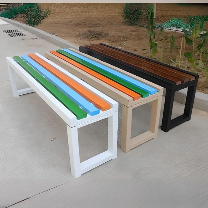 LITFAD Outdoor Bench Modern Simple Style Park Bench with Corrosion Resistant Metal Frame Multicolor Wooden Seating Garden Bench for Patio, Lawn, Yard, Porch - Champagne, 59" L x 14" W x 18" H
