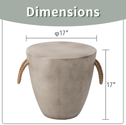 SUNBURY Outdoor Side Table Concrete Side Table, 17" H Small Outdoor Side Table End Table for Patio w Hemp Rope, Ceramic Round Coffee Table Accent Table Garden Outdoor Plant Stands