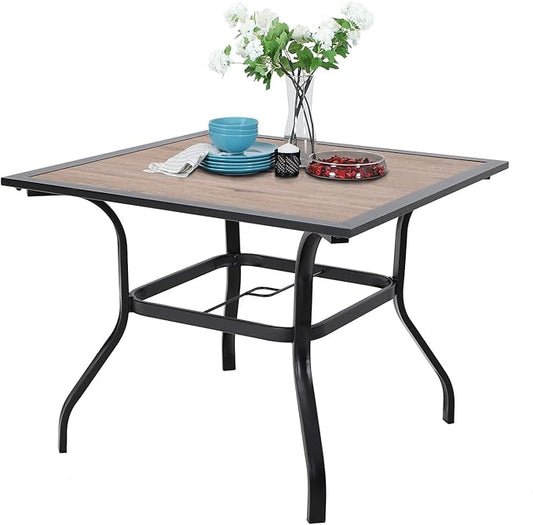 Sophia & William 37" Square Outdoor Dining Table with Umbrella Hole, Imitation of Wooden Surface Patio Dining Table for Lawn Garden, Sturdy Metal Steel Frame with Wood-Like Table top