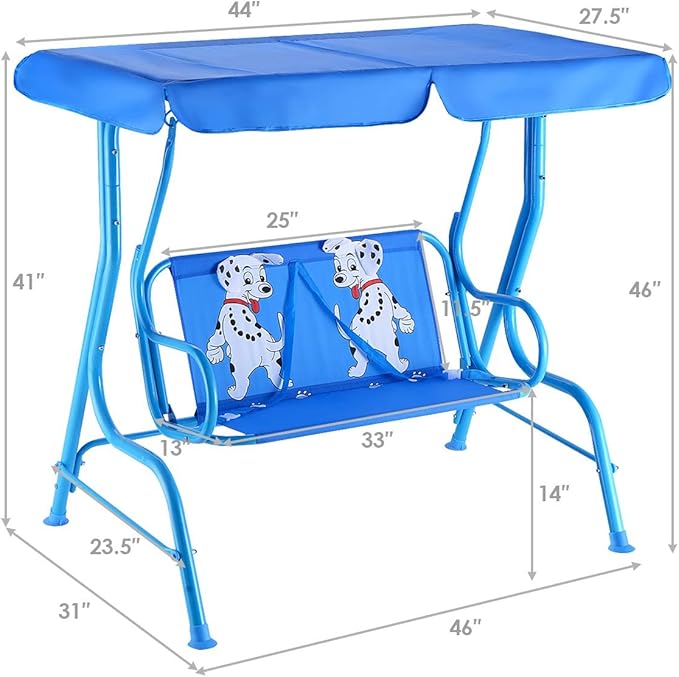 Costzon Kids Porch Swing, All-Weather Patio Swing Bench Hammock w/Adjustable Canopy & Safety Belts for 2 Children - Photo 7