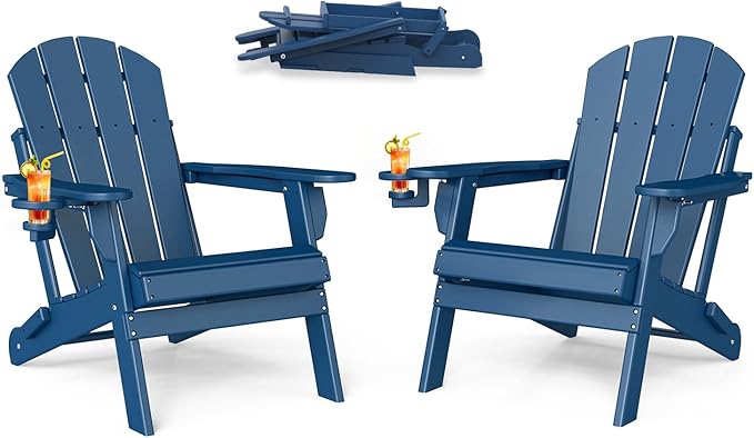 BRIOPAWS Folding-Adirondack-Chairs Set of 2 | HDPE | Fire Pit Chair | Cup Holder | Weather Resistance | Blue | for Outdoor Backyard Deck Patio