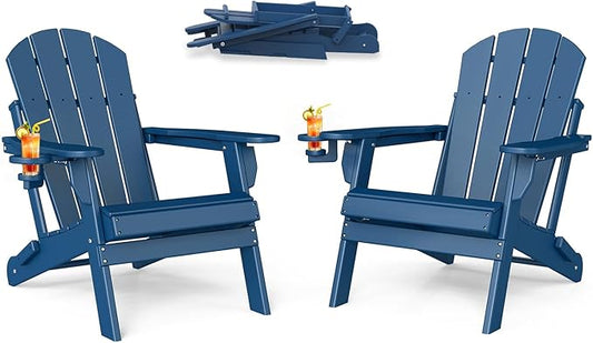 BRIOPAWS Folding-Adirondack-Chairs Set of 2 | HDPE | Fire Pit Chair | Cup Holder | Weather Resistance | Blue | for Outdoor Backyard Deck Patio