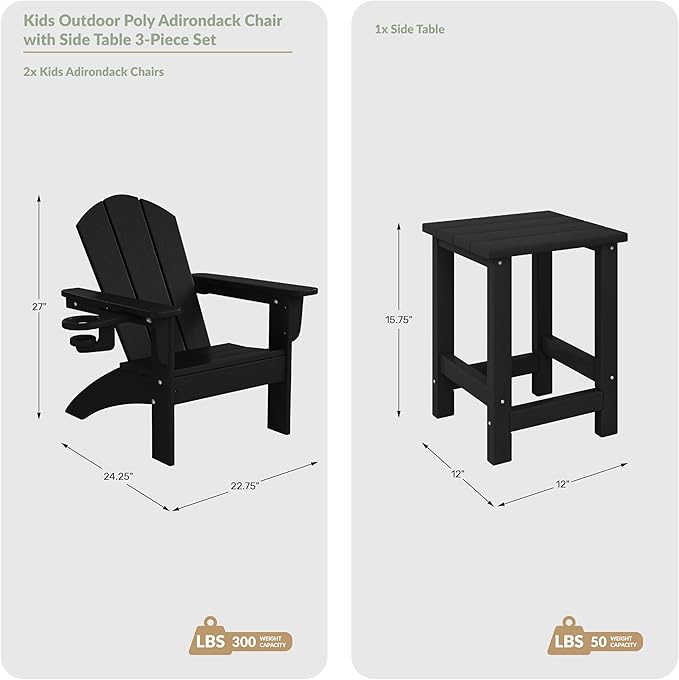 WestinTrends Malibu 3-Piece Kids HDPE Adirondack Chairs Set with Square Side Table and Cup Holders, Navy Blue