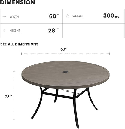 Patio Dining Table for 8-10, Round Metal Outdoor Table with 1.57" Umbrella Hole, 60" Outdoor Slat Tabletop Dining Table for Backyard, Porch, Lawn, Grey