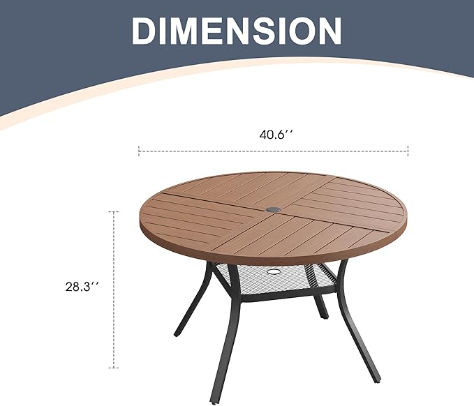 VICLLAX 40.6" Round Patio Dining Table for 4, All Weather Metal Outdoor Table with 1.57" Umbrella Hole and Storage Shelf for Garden Lawn Deck, Walnut