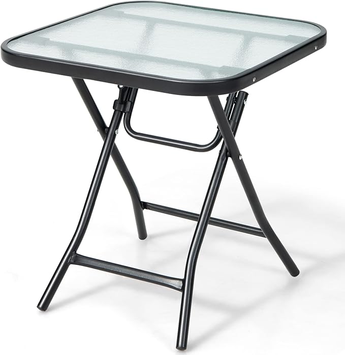 Tangkula Patio Bistro Table, 18" Square Glass Top Side Table with Rustproof Frame, Folding Coffee Table for Patio, Balcony, Backyard, Poolside(Black)