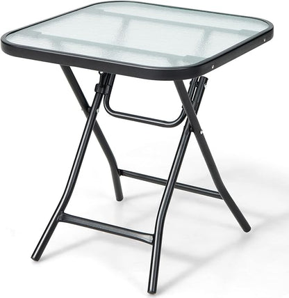 Tangkula Patio Bistro Table, 18" Square Glass Top Side Table with Rustproof Frame, Folding Coffee Table for Patio, Balcony, Backyard, Poolside(Black)