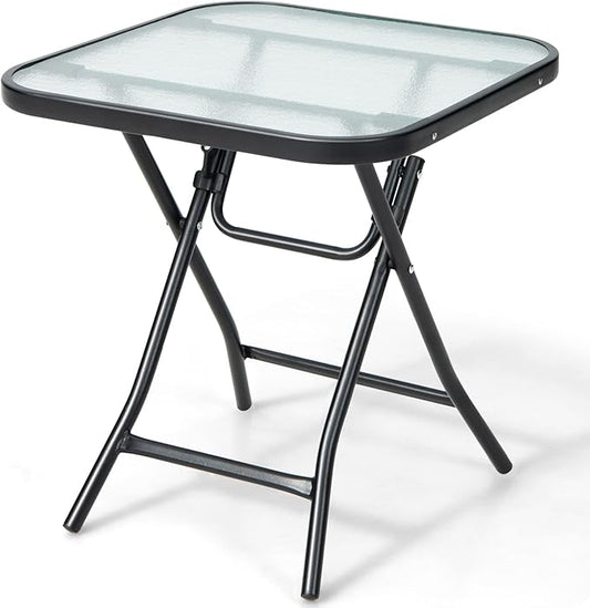 Tangkula Patio Bistro Table, 18" Square Glass Top Side Table with Rustproof Frame, Folding Coffee Table for Patio, Balcony, Backyard, Poolside(Black)