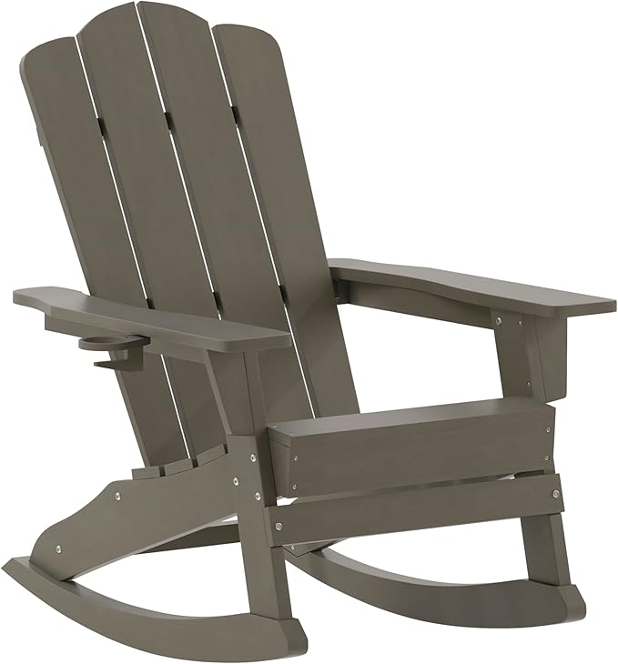 Taylor & Logan Nellis Adirondack Rocking Chair with Cup Holder, Weather Resistant HDPE Adirondack Rocking Chair in Brown