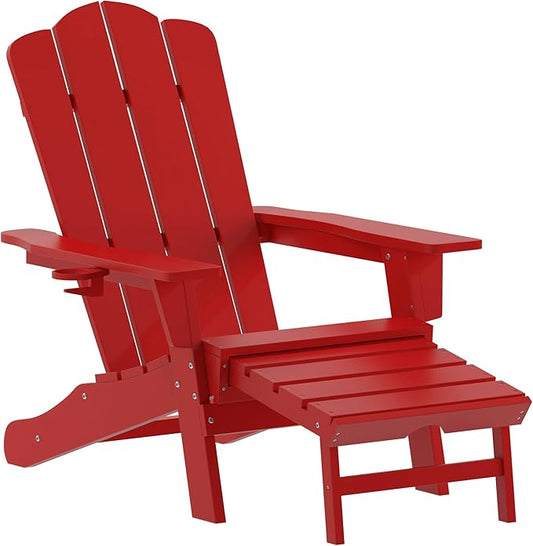 Flash Furniture Newport Poly Resin Adirondack Chair with Cup Holder and Pull Out Ottoman, All-Weather Poly Resin Indoor/Outdoor Lounge Chair, Red