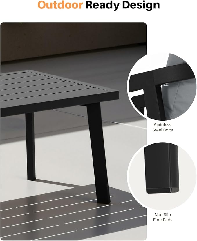 Patio Coffee Table, Never-Rust Aluminum Outdoor Coffee Table with Wood Grain Texture, Modern Rectangle Garden Coffee Table with Slatted Tabletop for Poolside, Decks, Indoor, Backyard, Black | Never-Rust, Slatted Tabletop